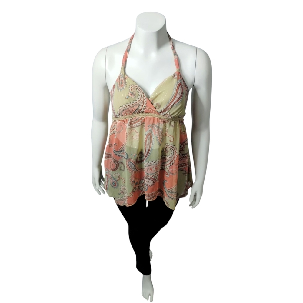 Y2K VTG Jordache Womens LARGE Paisley‎ Babydoll Smocked Sheer Hippie Halter Top
